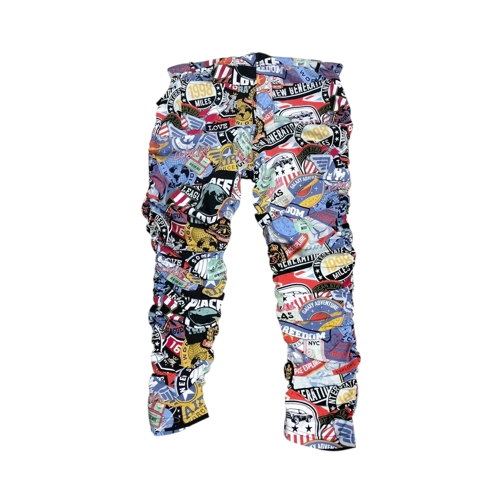 Plus Size High Waisted Side Ruched Patterned Pants - MultiColor Size-2X - Picture 2 of 4